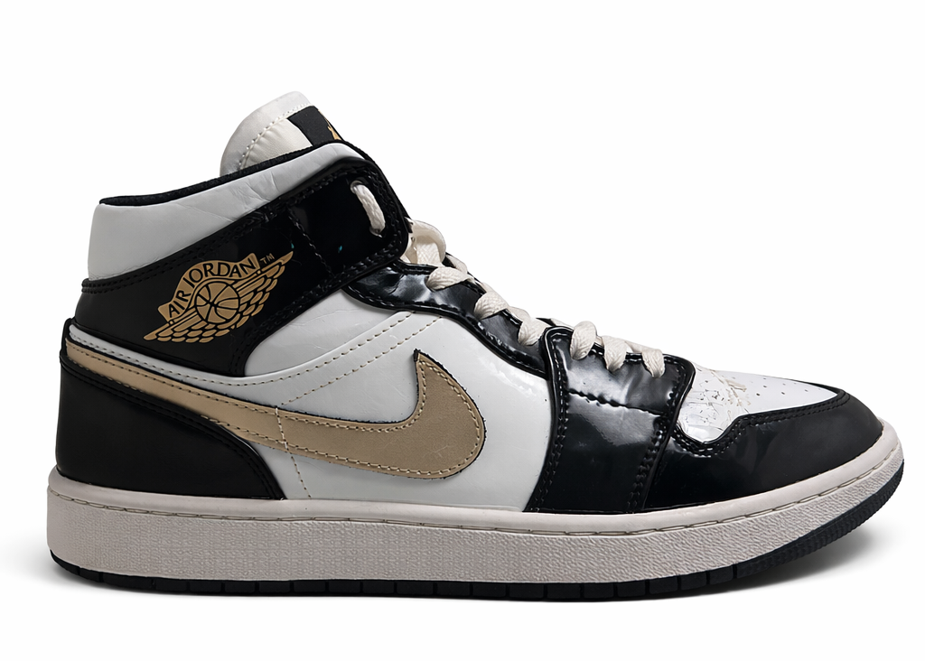 Air Jordan 1 Mid - White / Black / Metallic Gold Patent Leather